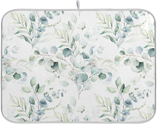 Green Sage Eucalyptus Leaves Dish Drying Mat for Kitchen Counter Absorbent Microfiber Drying Pad, Medium 16x18 in, Reversible Drainer Mats