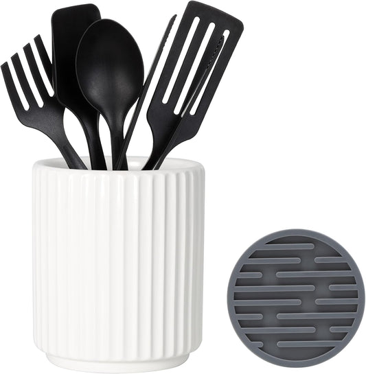 Small Utensil Holder for Kitchen Counter (H5.51” x W4.92”), Countertop Utensil Holder for Kitchen Ceramic, Utensils Crock for Countertop, Includes Silicone Drying Mat, White