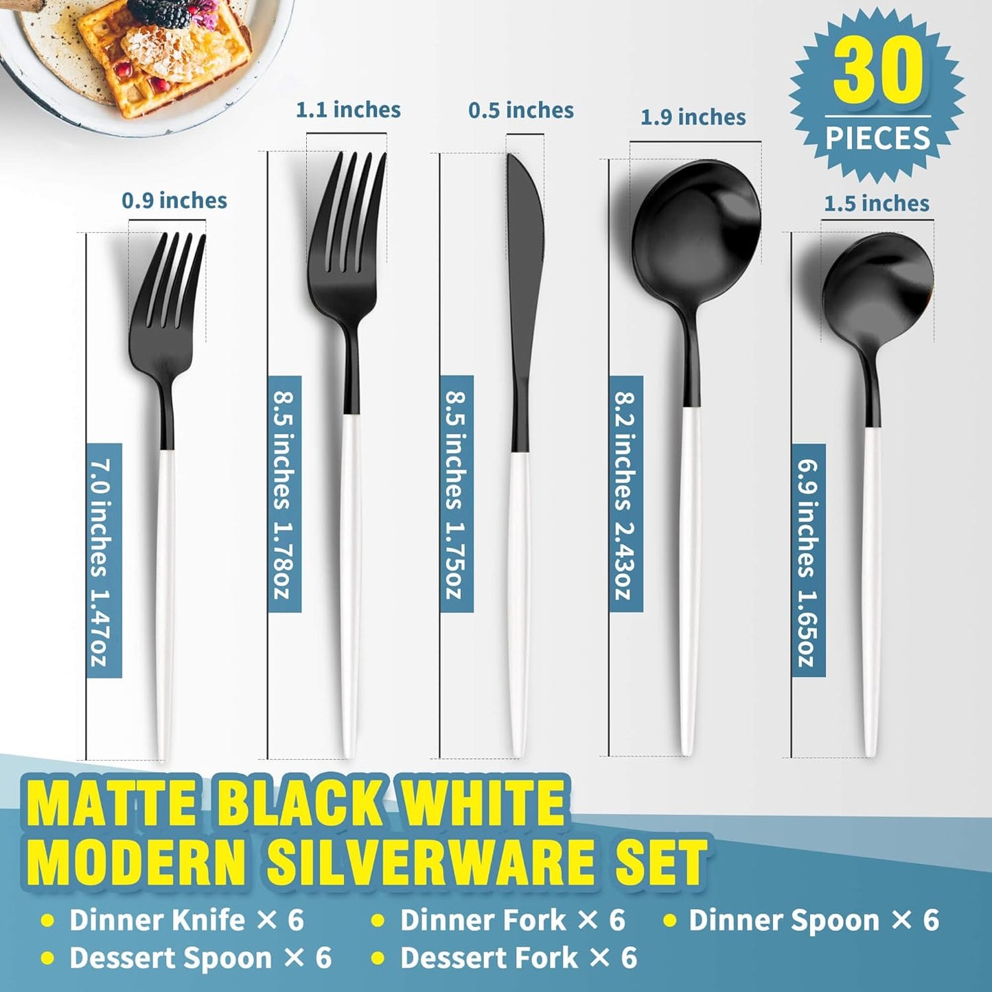 Matte Black White Silverware Set for 6,Modern Stainless Steel Brushed Cutlery Set,30-Pieces Heavy Duty Flatware Set,Knives Spoons and Forks Set Utensils Set, Satin Finish, Dishwasher Safe