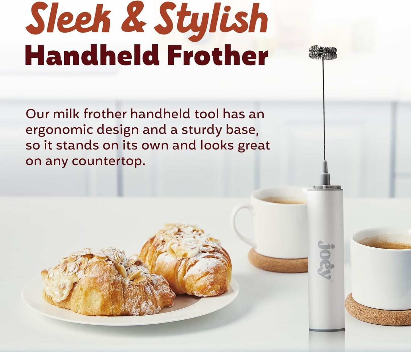 Joe’y High-Grade Milk Frother, USB-Powered Handheld Whisk for Coffee, Lattes, Matcha, Hot Chocolate, Dual-Speed Stainless Steel Frothing Wand with Travel Case, Double-Whisk, White