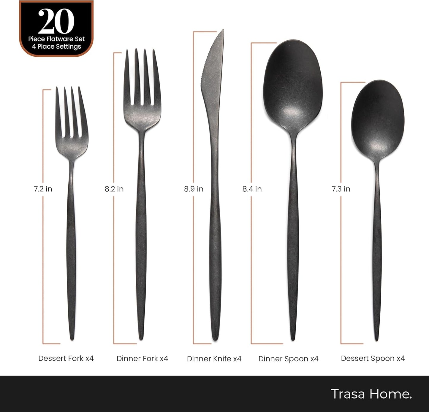 Luxury Vintage Flatware 20-Piece Set – Service for 4, Premium Stainless Steel with Weighted Handles, Aged Heirloom Finish, Dishwasher Safe, Elegant and Modern Cutlery (Vintage Black)