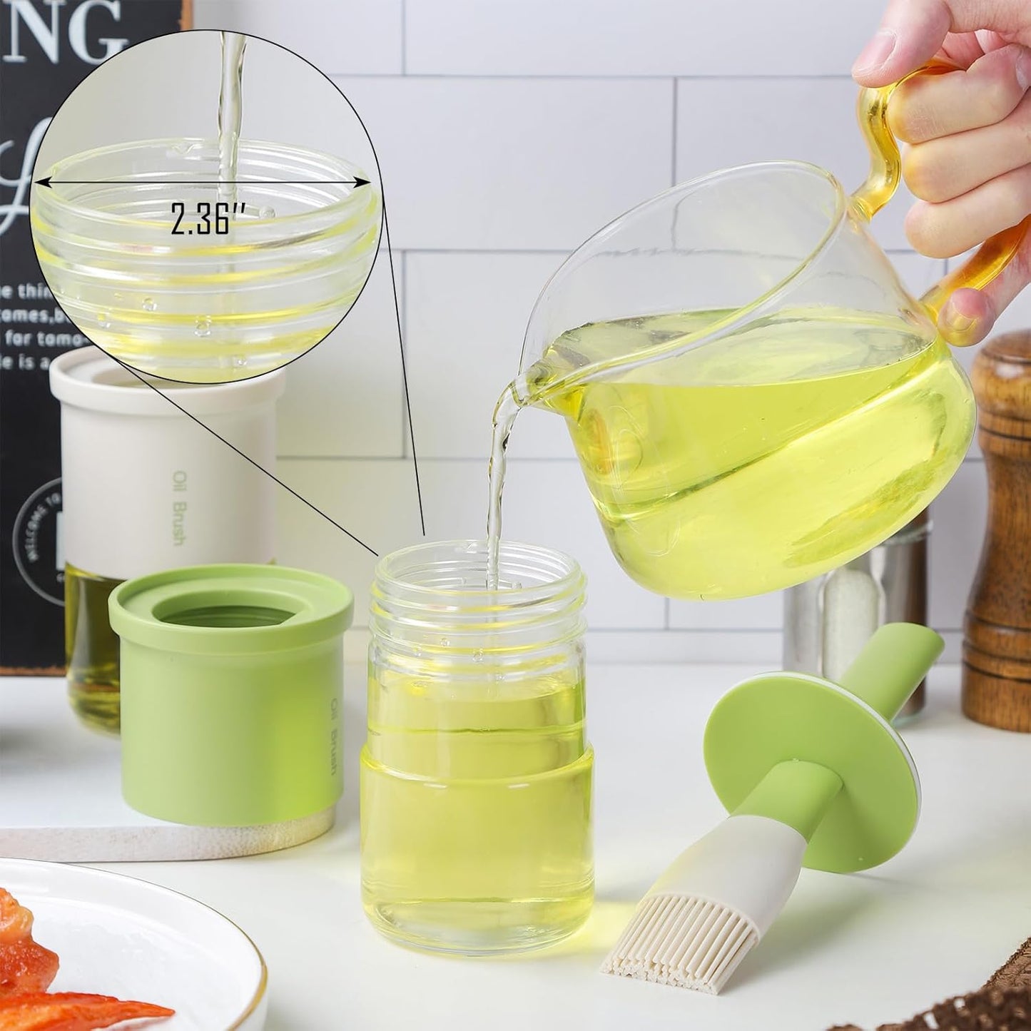 3 Pack Glass Oil Dispenser With Brush - 300ml/10oz Kitchen Cooking Bottle for Oil, BBQ Sauce, Vinegar - Green Basting Bottle With Silicone Brush