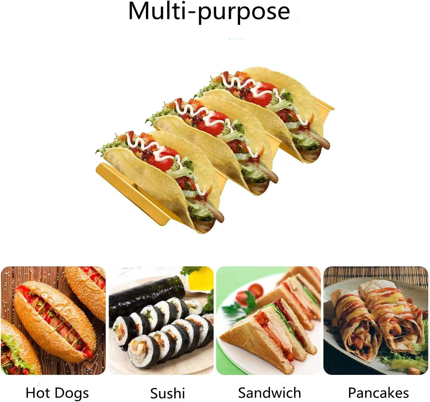 Gold Taco Holder Stand with Handles for Party, Set of 6 Stainless Steel Taco Tray, Rack Holds Up to 3 Tacos Each Stackable storage, Dishwasher Oven safe