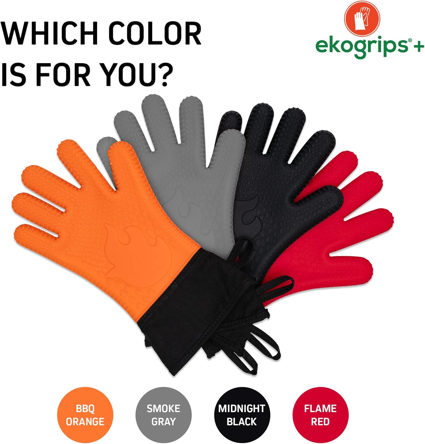 Ekogrips+ Premium Silicone Oven Mitts - Comfy, Waterproof, Heat Resistant BBQ Gloves for Grilling, Long Cuff for Added Protection, 5 Finger Dexterity, 3 Sizes, 4 Colors, L/XL, Red