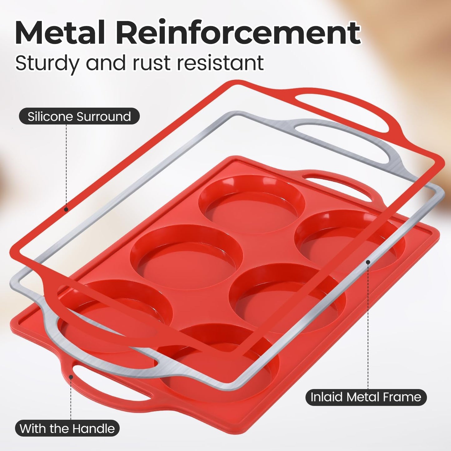 CAKETIME Muffin Top Pan Non Stick,4 Inch Metal Frame Round Egg Baking Pan for Oven English Muffins, Whoopie Pies, Corn Bread, Egg Bites, Breakfast Sandwiches Tarts Red