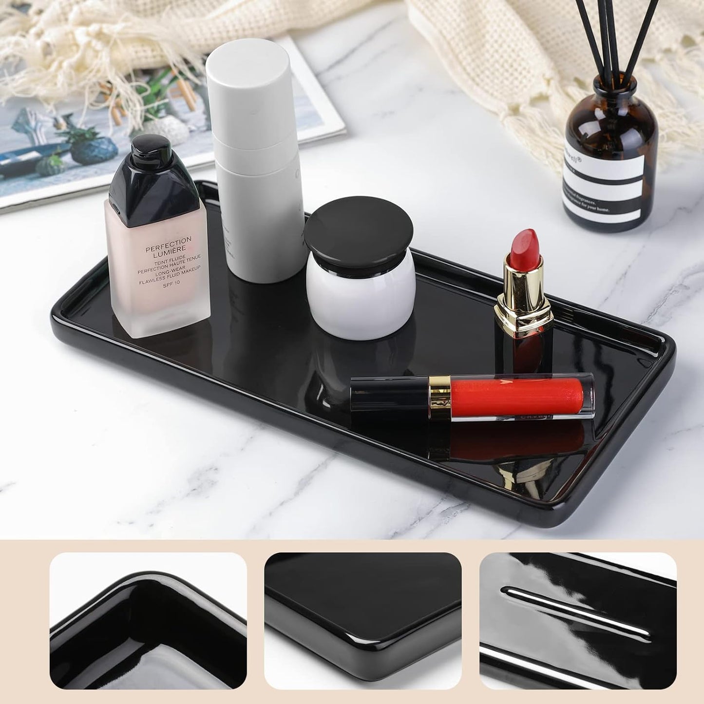 Gurygo 10" Bathroom Tray, Ceramic Vanity Tray for Bathroom, Small Ceramic Trays, Kitchen Soap Trays for Kitchen Counter (Black, 10",Set/1)