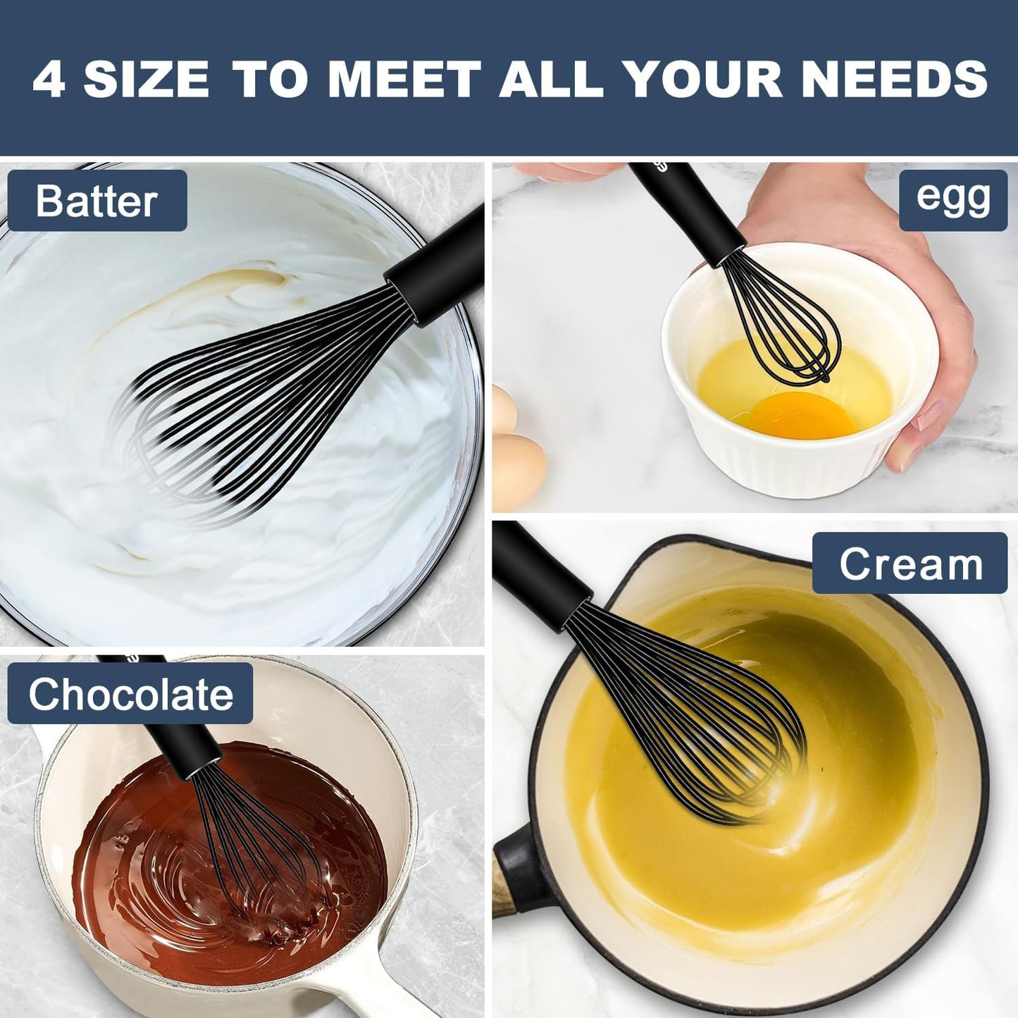Silicone Whisk,Non Scratch Whisk for Cooking, 5+7+9+11in Balloon Whisks, Suitable for Mixing, Blending Whipping.11in Flat Whisks great for Ceramic Coated pans and Wider shallower pots.
