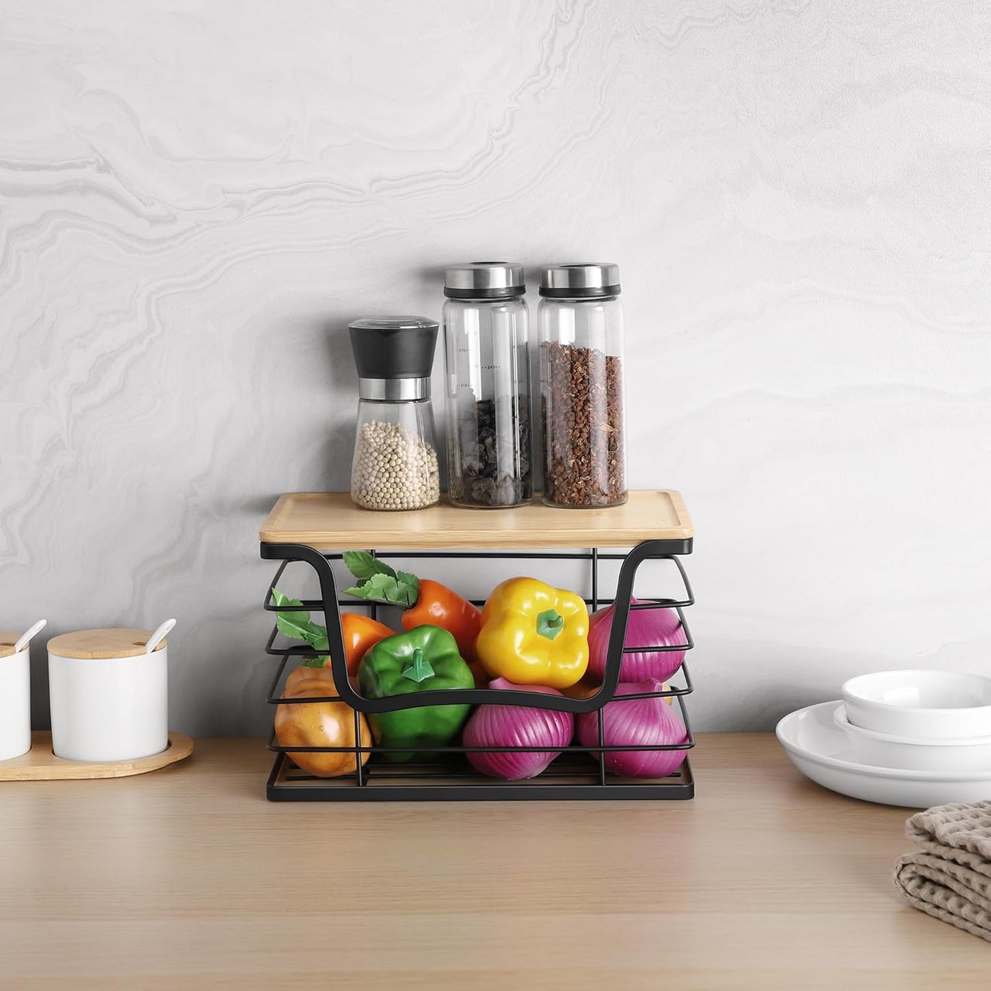 Trash Bag Dispenser Holder for Kitchen Laundry Wall Mount Stackable Garbage Bag Dispenser Roll Holder with Bamboo Top for Countertop, Under Sink