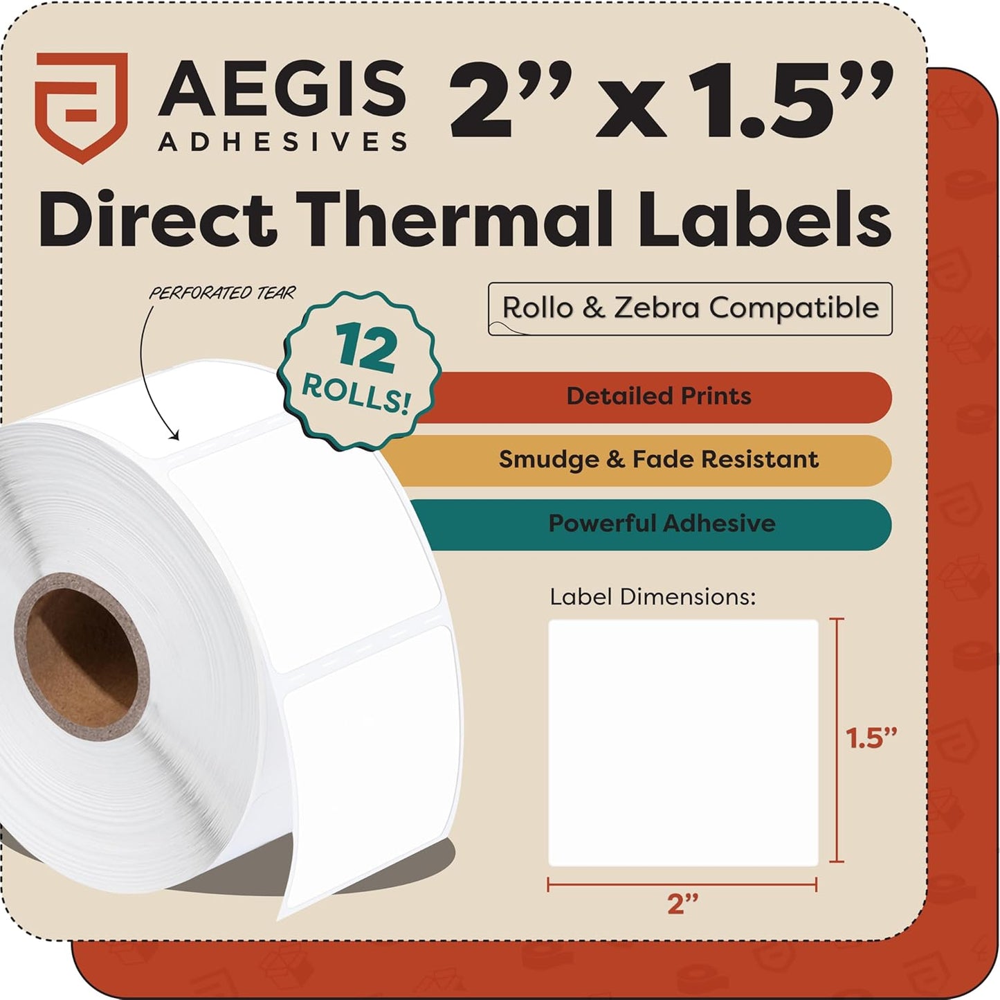 Aegis Adhesives - 2" X 1.5" Direct Thermal Labels, Perforated & Compatible with Rollo, Zebra, & Other Desktop Label Printers (12 Rolls, 900/Roll)