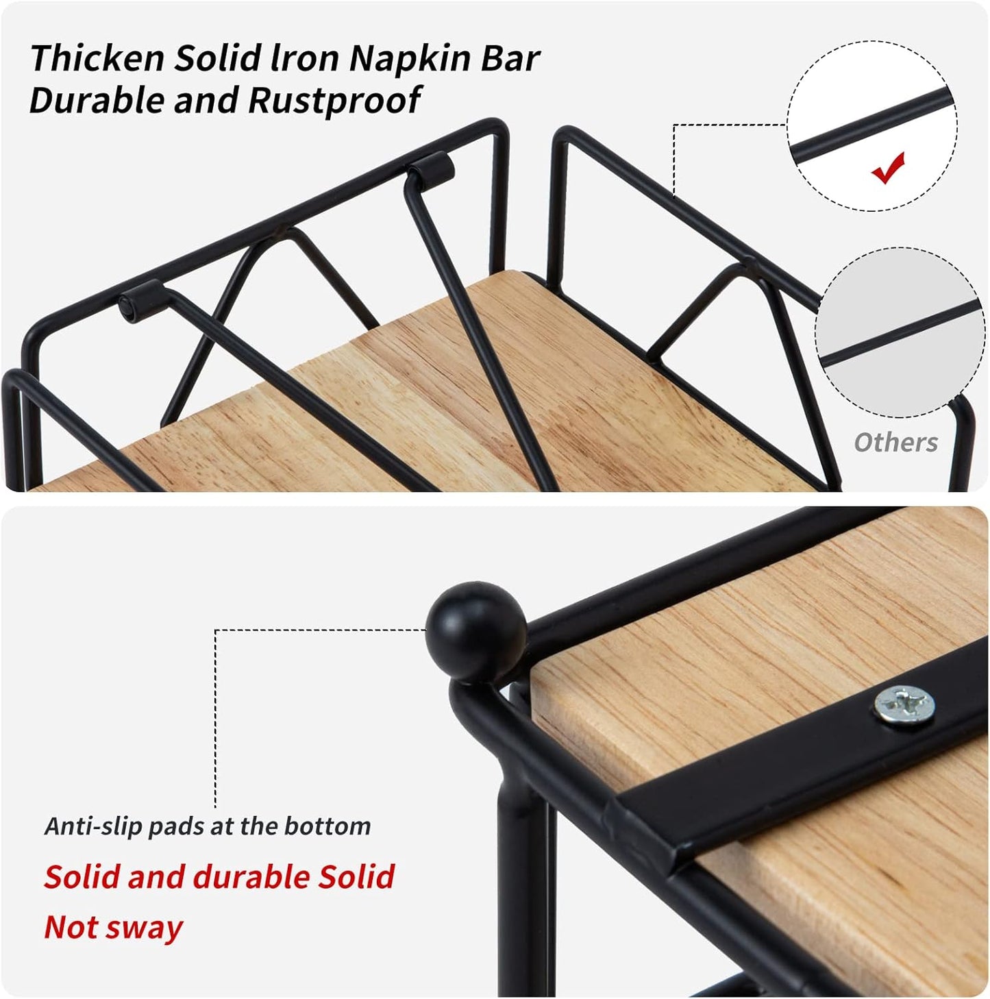 Square Napkin Holder - Durable Table Napkin Dispenser with Weighted Arm, Metal Napkin Storage with Wooden Base, Farmhouse Napkin Holder for Table, Kitchen and Countertops (Black)