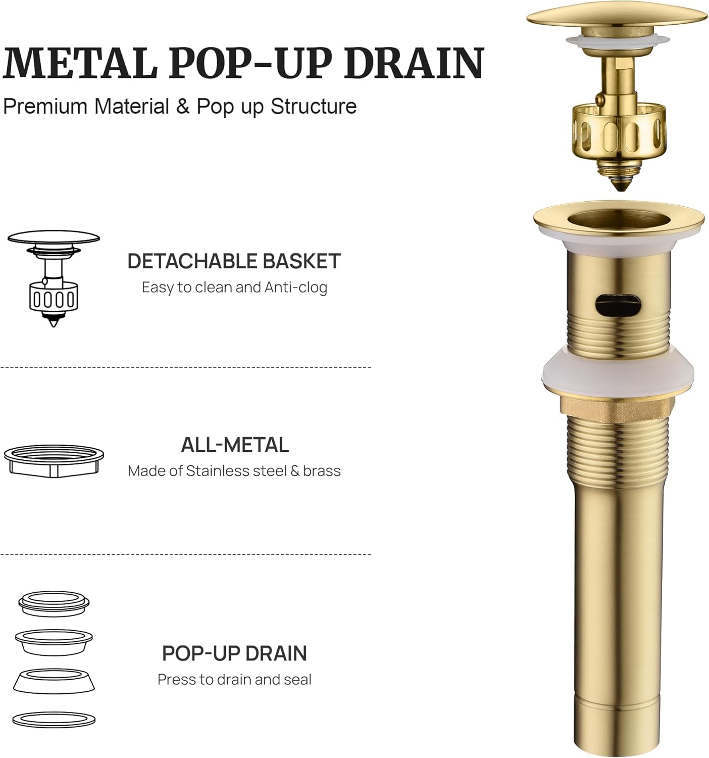 Pop up Sink Drain Stopper with Overflow Brushed Gold for Bathroom Vessel Vanity Sink Art Basin, Big Cap Sink Drain with Overflow, Metal Pop-up Drain Strainer with Detachable Basket Stopper
