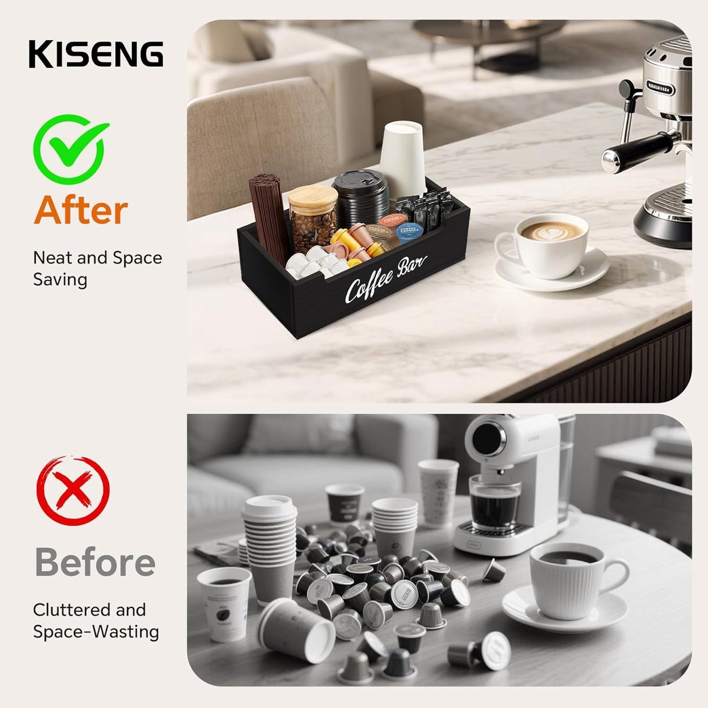 Coffee Pod Bar Station Wooden 13" X 7" X 4" Organizer Box for Countertop, Counter Top Tea Espresso Cup Wood Storage Box, Black