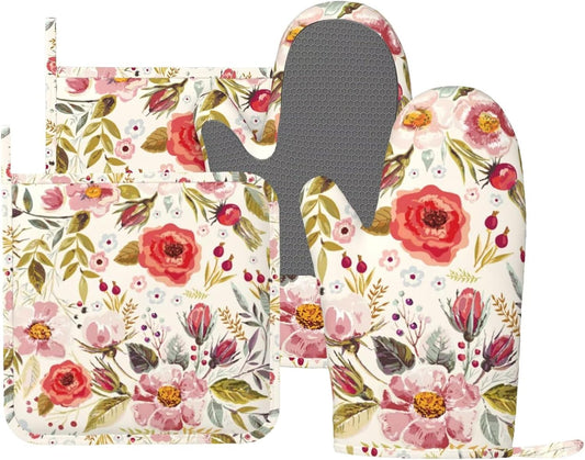 Wildflowers Floral Oven Mitts Pot Holders Set Silicone Heat Resistant Botanical Floral Oven Mitts and Hot Pads Potholders Non-Slip Oven Gloves for Cooking Baking Grilling BBQ