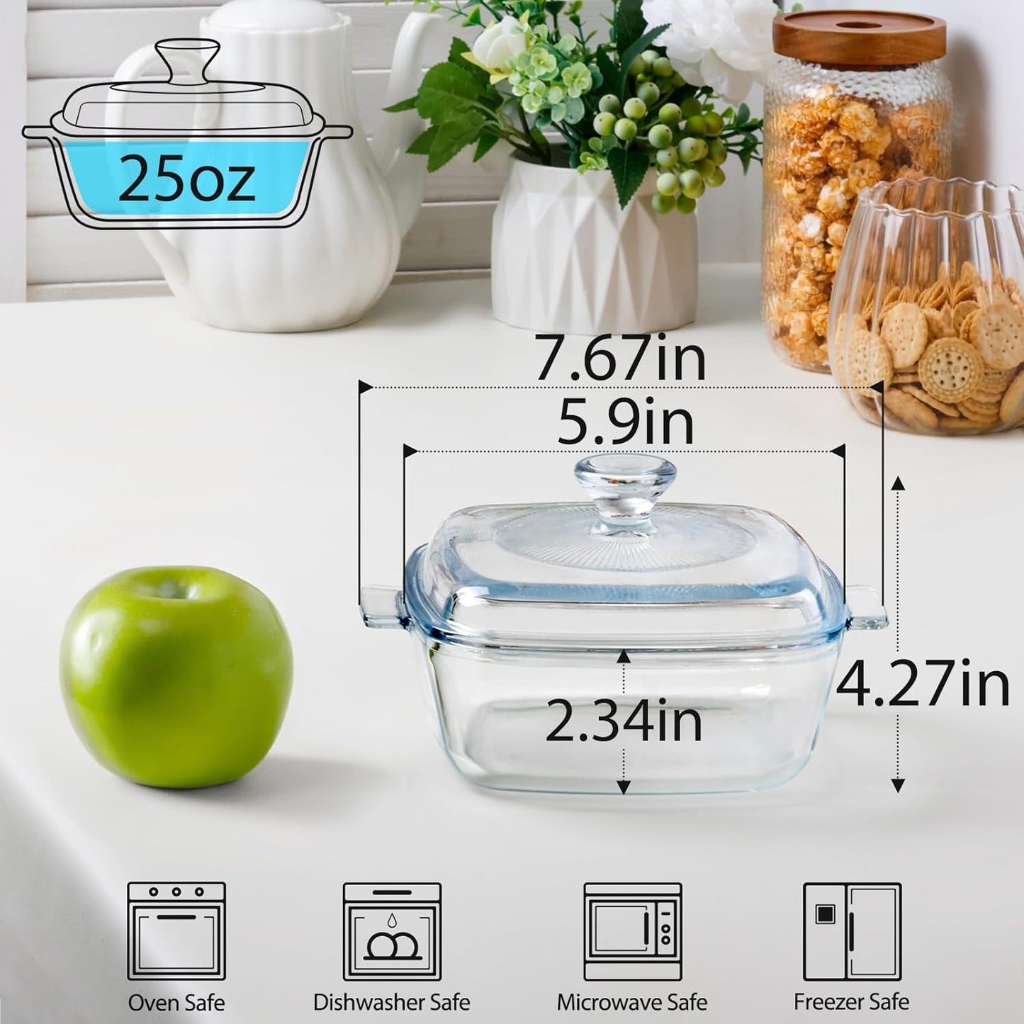 NUTRIUPS 0.8L Glass Casserole Dish with Lid Oven Safe Square Casserole Dish 5.9in Glass Microwave Bowl With Lid Microwavable Cookware (25oz-Mini)