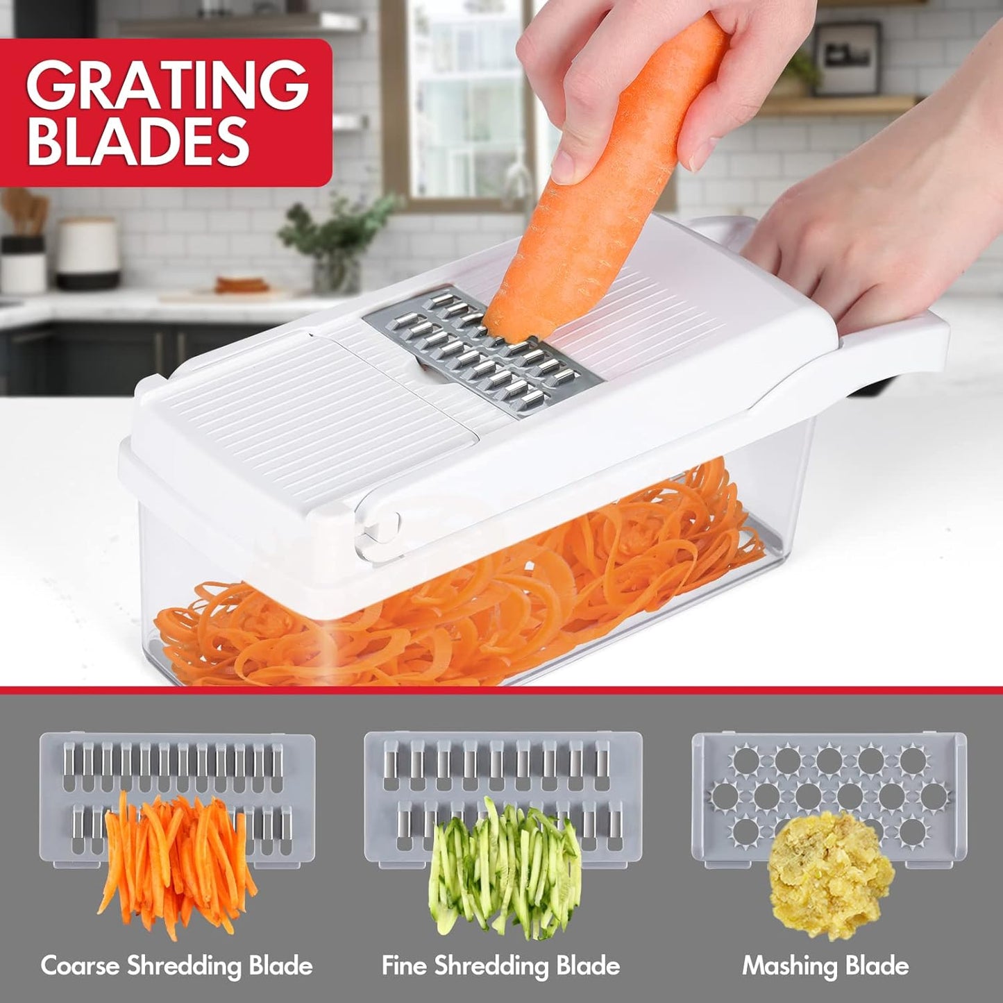 Ourokhome Vegetable Chopper Onion Cutter, 12 in 1 Professional Mandoline Slicer for Kitchen, Multifunctional Food Chopper for Potato, Tomato, Veggie with Strainer Basket, 8 Blades, White