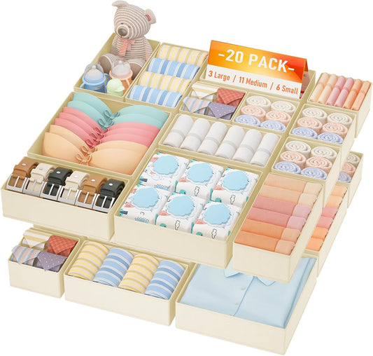 DIMJ Drawer Organizer Clothes, 20 Pack Dresser Organizer, Foldable Closet Organizers and Storage, Fabric Dresser Bins, Drawer Dividers for Nursery, Baby Clothes, Underwears, Sock (Beige)