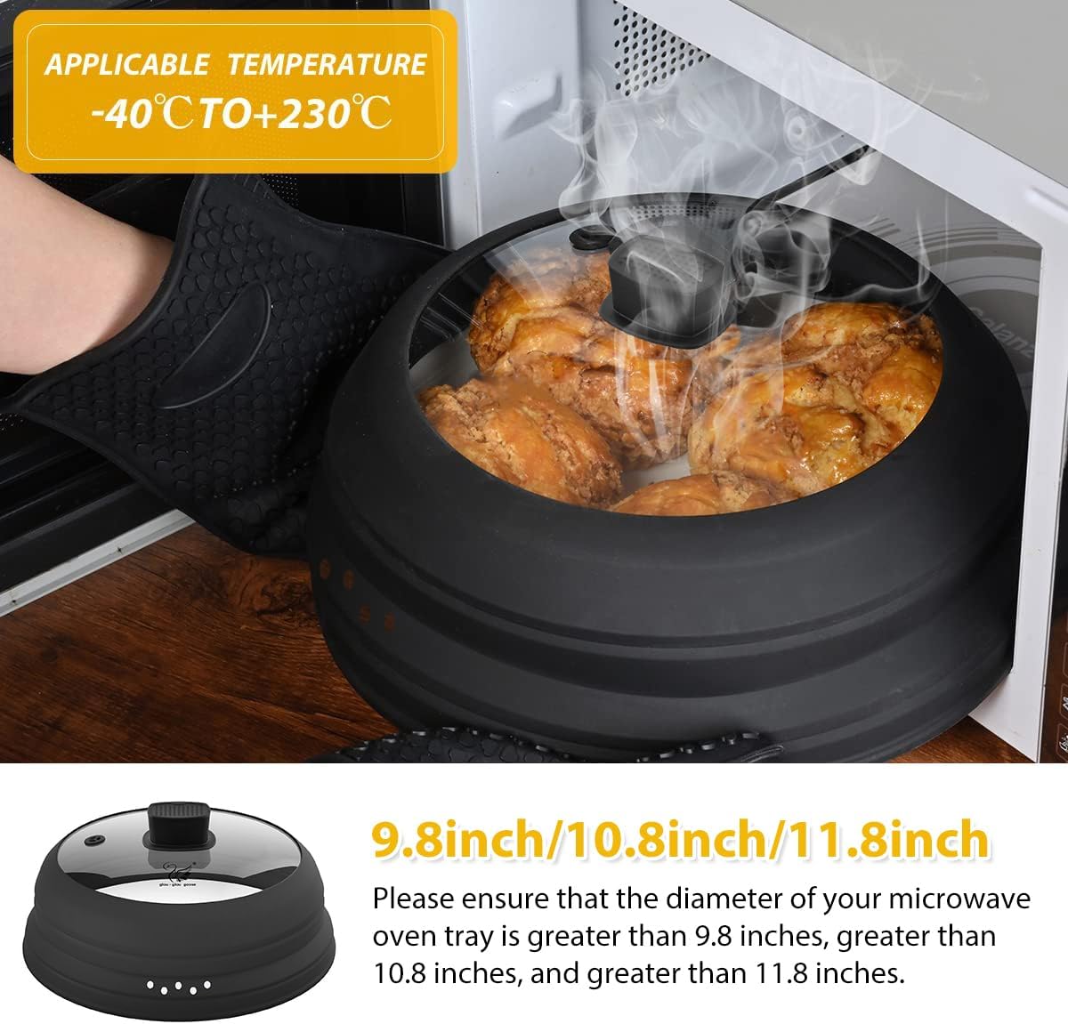 Microwave Splatter Cover Glass Cover Guard Lid with Collapsible Silicone for Food Pot Plate Cover 9.8 inch Black