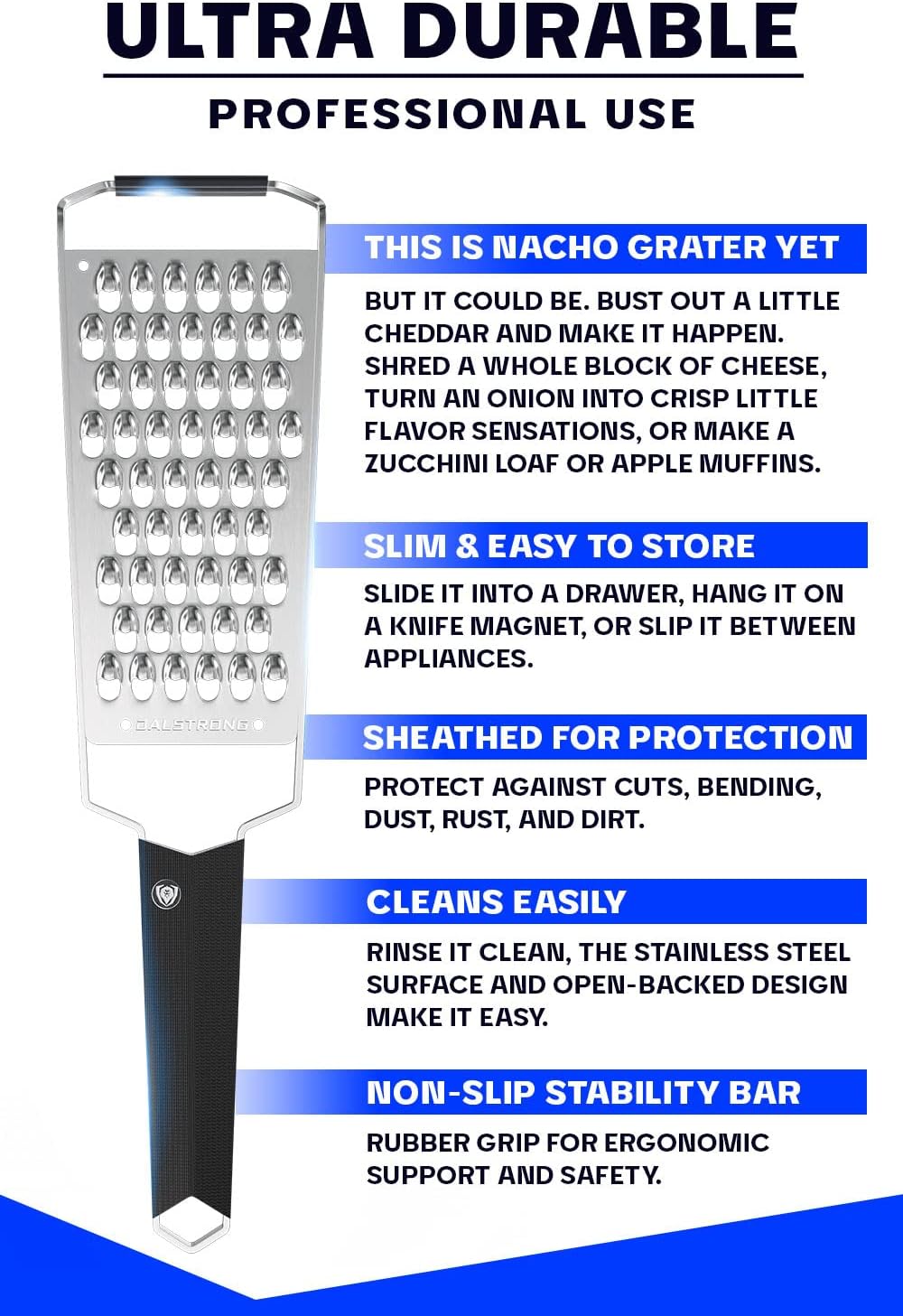 Dalstrong Professional Wide Cheese Grater - Extra Coarse - #304 Stainless Steel Blade - G10 Handle Kitchen Shredder - w/Blade Guard - Fruits & Vegetables, Hard Cheese, Chocolate - NSF Certified