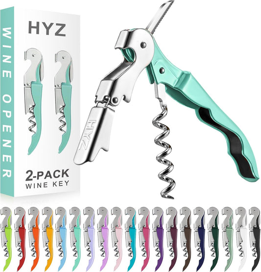 HYZ 2-Pack Wine Opener Waiter Corkscrew, Professional Wine Key for Servers, Bartender with Foil Cutter, Manual Wine Bottle Opener Double Hinged (Mint Green)