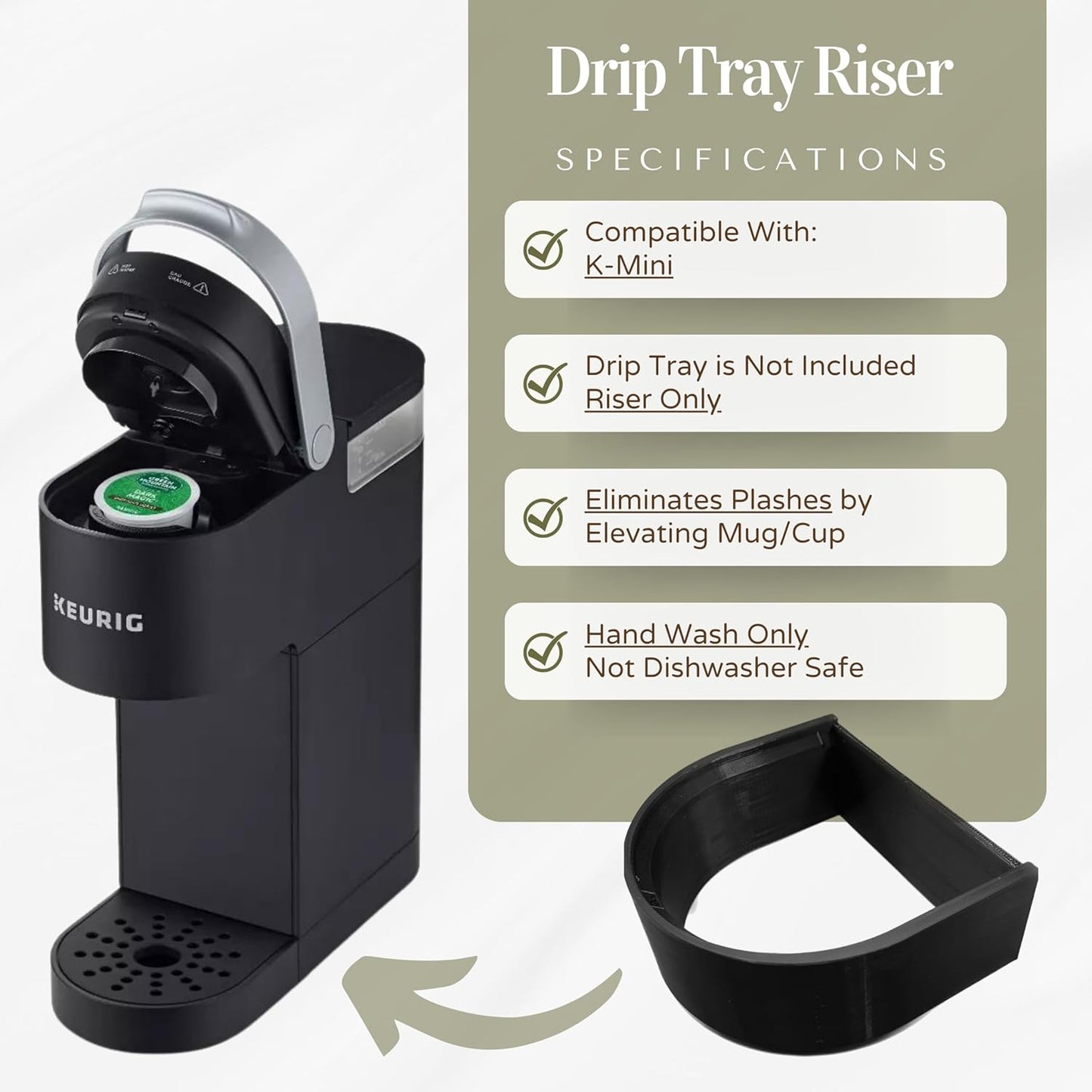 Drip Tray Mug/Cup Riser Made for the Keurig to Reduce Splashes - Riser Only (Black, K-Mini 1.7 inches Tall)