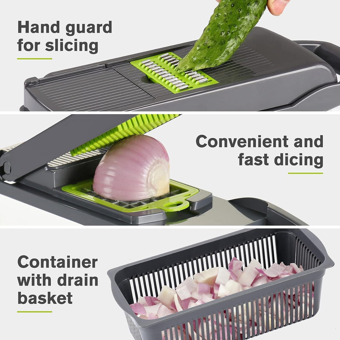 KEOUKE Vegetable Chopper Mandoline Slicer Grey - 12 in 1 Interchangeable Blades Food Chopper with Container, Hand Guard & Drainer, Veggie Dicer Kitchen Gadget for Onion, Cucumber, Tomato, Fruit