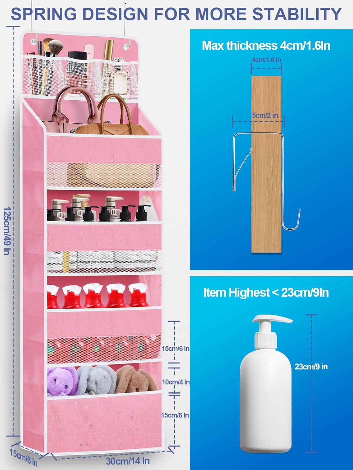 2 Pack Over The Door Organizer, Hanging Storage Organization with Large Capacity Pockets, Swing-Proof Behind Door Storage Shelf for Kicthen Bedroom Nursery Kids Toys Shoes,Pink