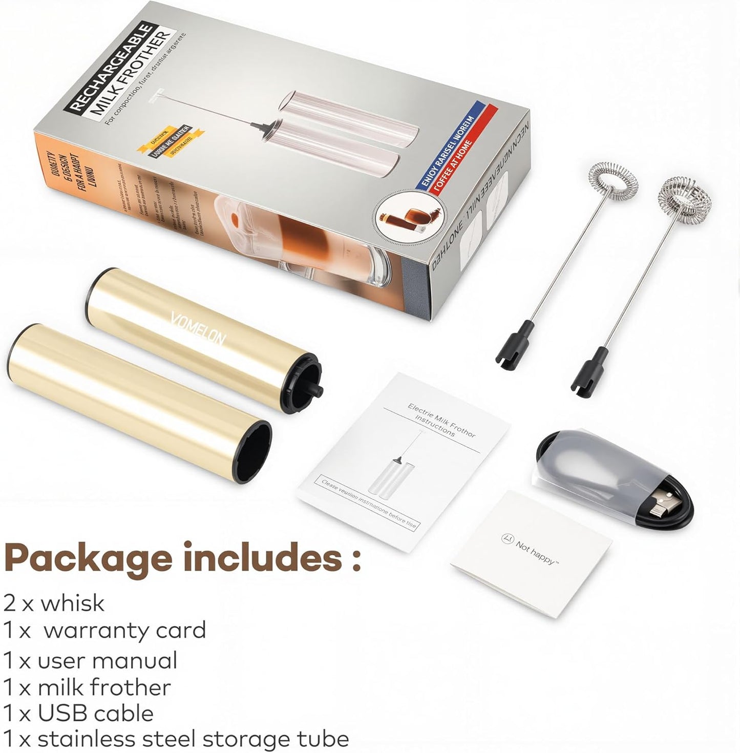 Rechargeable Milk Frother, Electric Coffee Foamer, Handheld Drink Mixer for Latte, Cappuccino, Coffee, Eggs, Hot Chocolate, Protein,Beige