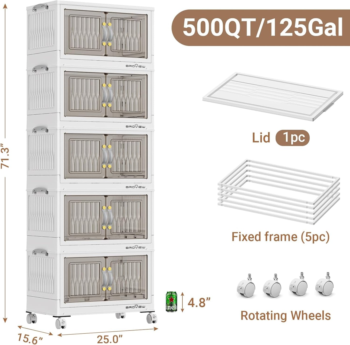 500Qt Stackable Storage Bins with Lid, Extra Large Closet Organizer Collapsible Drawer Boxes with Wheels, Folding Plastic Cabinet Containers for Home Kitchen Room Organization, 5Pack White