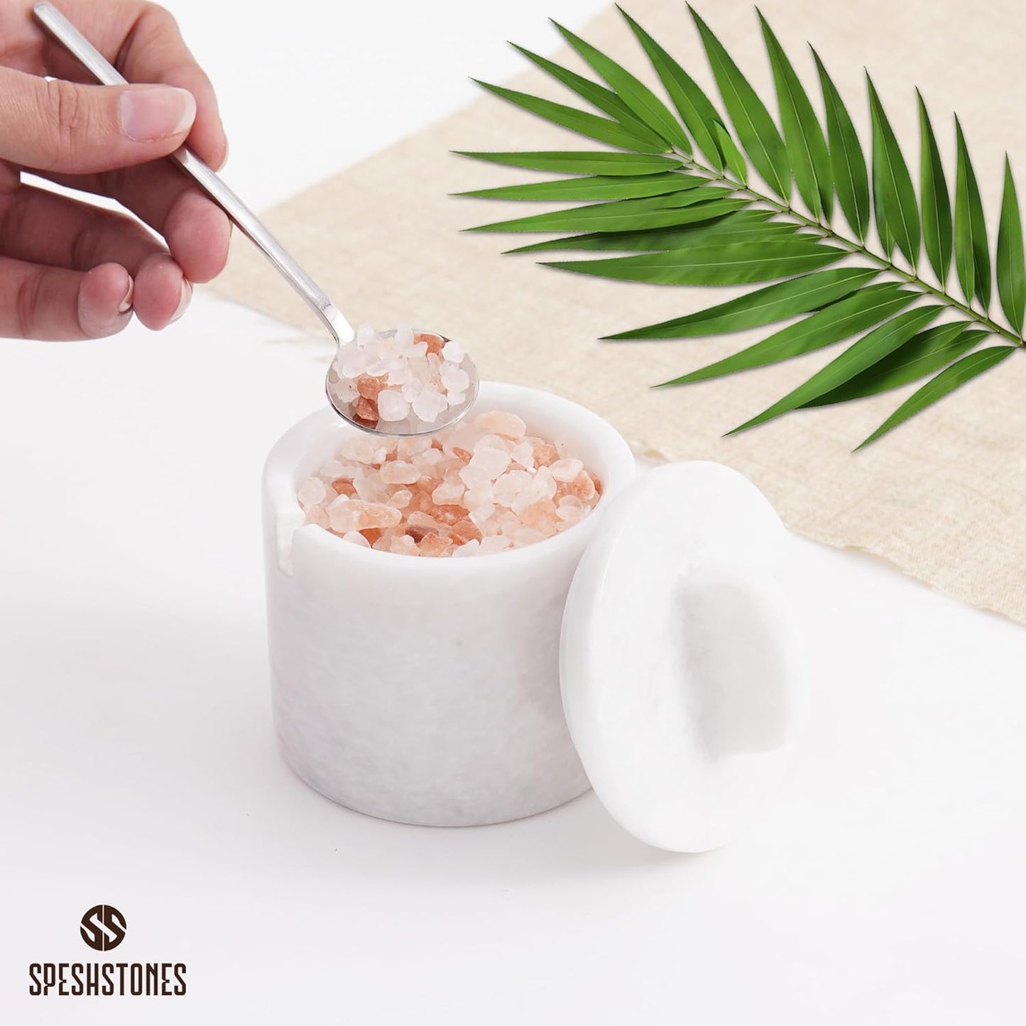 Marble Salt Cellar with Lid and Spoon 4 Inch White Handmade Small Seasoning Containers - Decorative Spice Jars, Sugar Bowl with Spoon & Flaky Salt Dish for Kitchen Countertop Storage