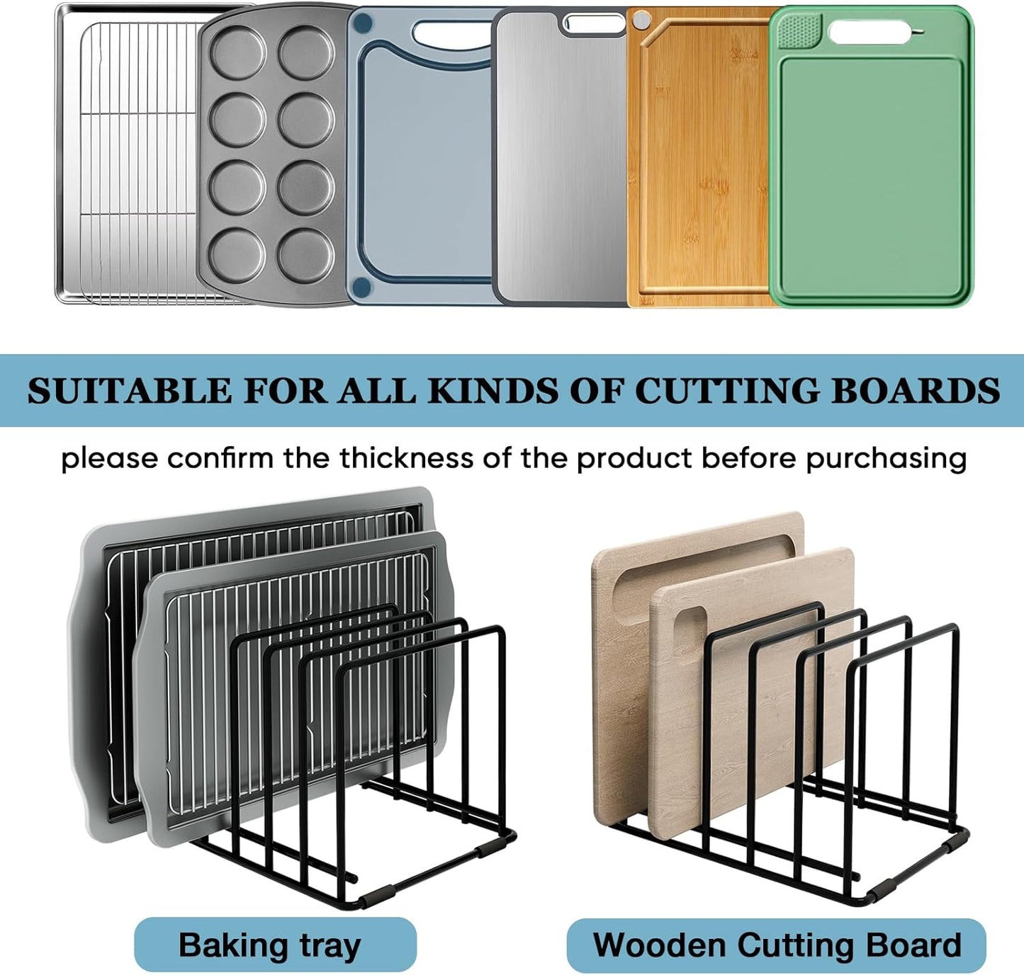 2-Pack Cutting Board Organizer, 5-Slot Steel Kitchen Storage Rack for Cutting Boards, Baking Trays, and Thin Pans - Compact Clutter-Free Solution