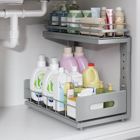 1 Pack Under Sink Organizer Upgrade to Professional Rails,2-Tier Dual Pull Out Cabinet Storage,Height Adjustable Slide Out Drawers for Bathroom Kitchen,Under Sink Shelf-Gun Gray