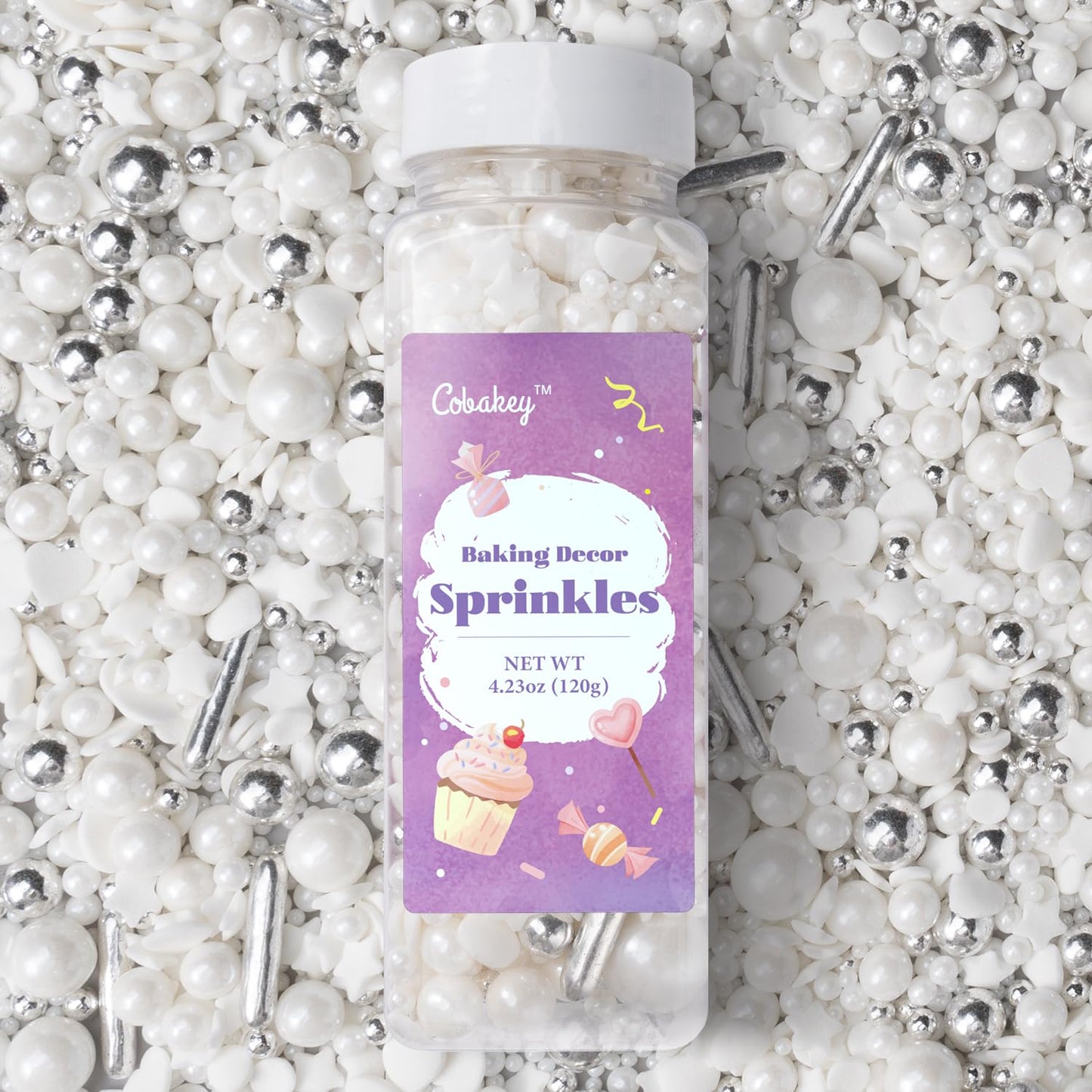 White Wedding Sprinkles for Cake Decorating 4.23ounce - Sugar Mix Contains White & Silver Pearl Sprinkles for Cupcake Toppers, Ice Cream, Candy, Cookie Decorations - Wedding Party Supplies