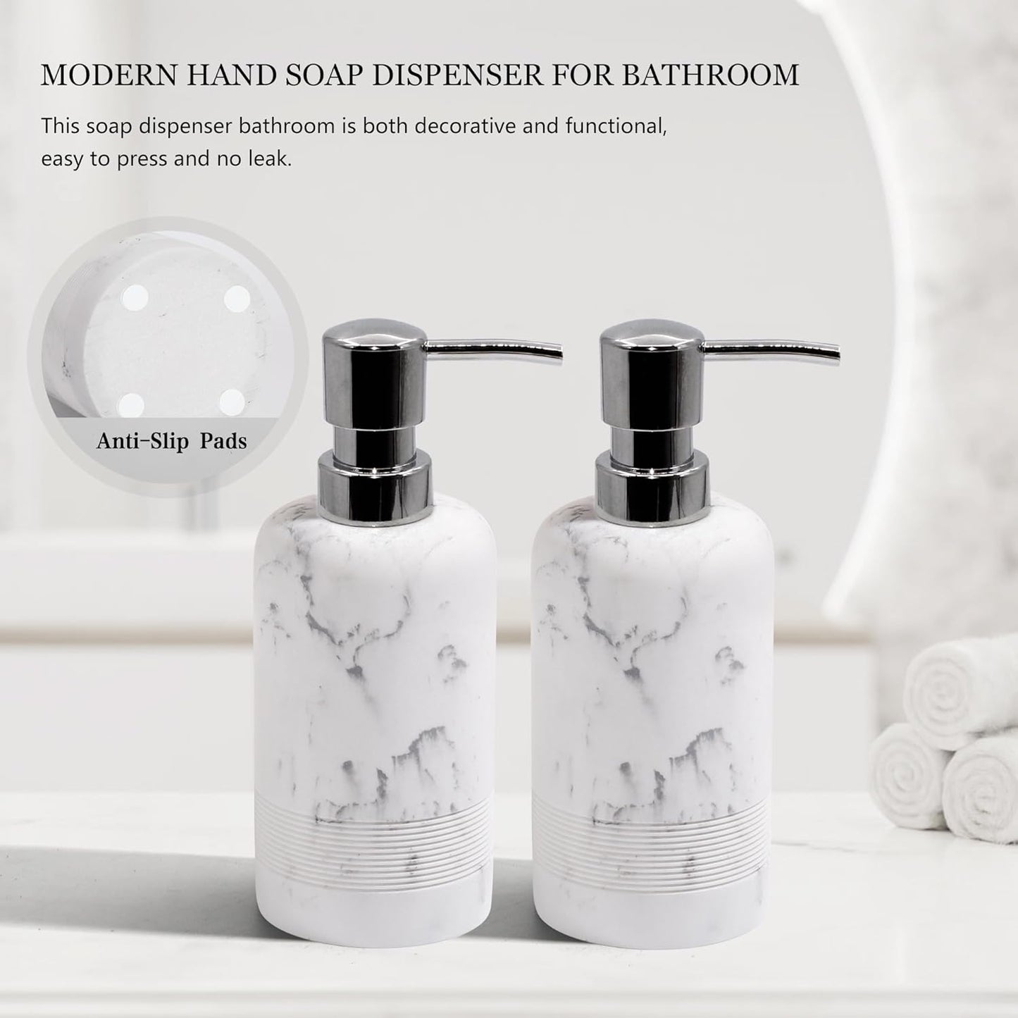 Resin Soap Dispenser Sets, 2 Pcs Heavy Lotion Dispensers,10.8oz Refillable Liquid Soap Dispensers with Rust-Proof Pump for Bathroom Countertop or Kitchen, Artificial Marble White