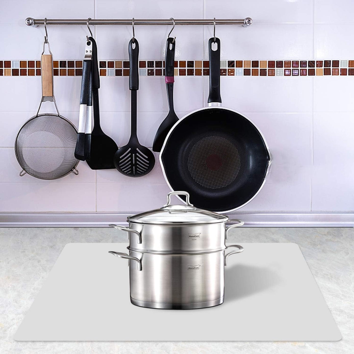 Silicone Placemats, Food-Grade Non-Slip Waterproof, Dining, Stain Resistant, Countertop Protector, Kitchen Counter Mat, Heat Resistant, Baking mat Dishwasher Safe (23.6"×15.7"-2pack, White Gray)