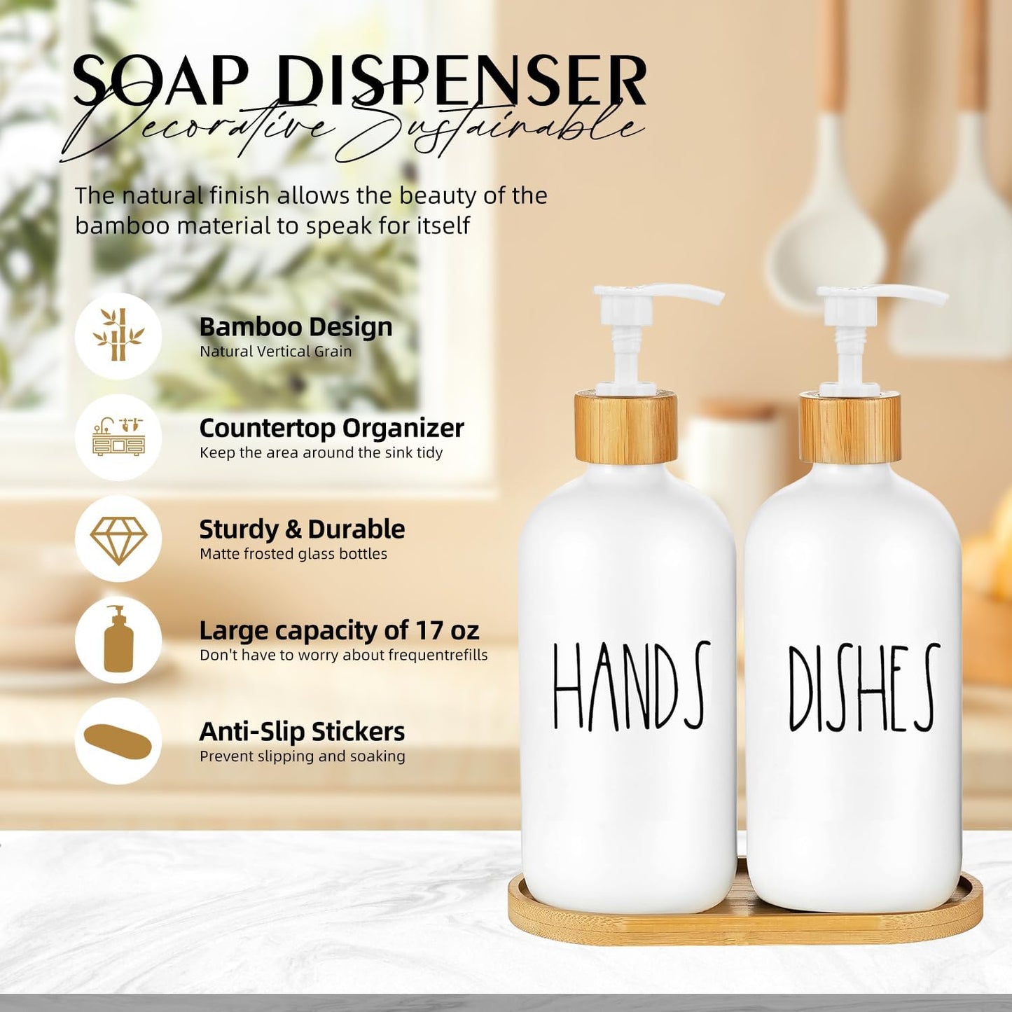 Arktek Glass Soap Dispenser Set with Tray, 2 Pack Hand and Dish Soap Dispenser Set for Bathroom and Kitchen Bottle Dispenser with Dish Soap, Hand Soap, Lotion 17 Oz (2 White)