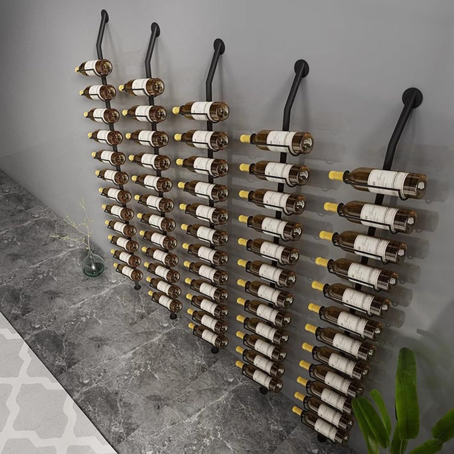 Wine Rack Wall Mounted, 72.8in High Metal Wine Bottle Holder for 12 Bottles, Kitchen Organization and Wine Storage for Commercial Restaurants Pantry Bar Wine Cellar (Gold, Five rows-60 Bottles)