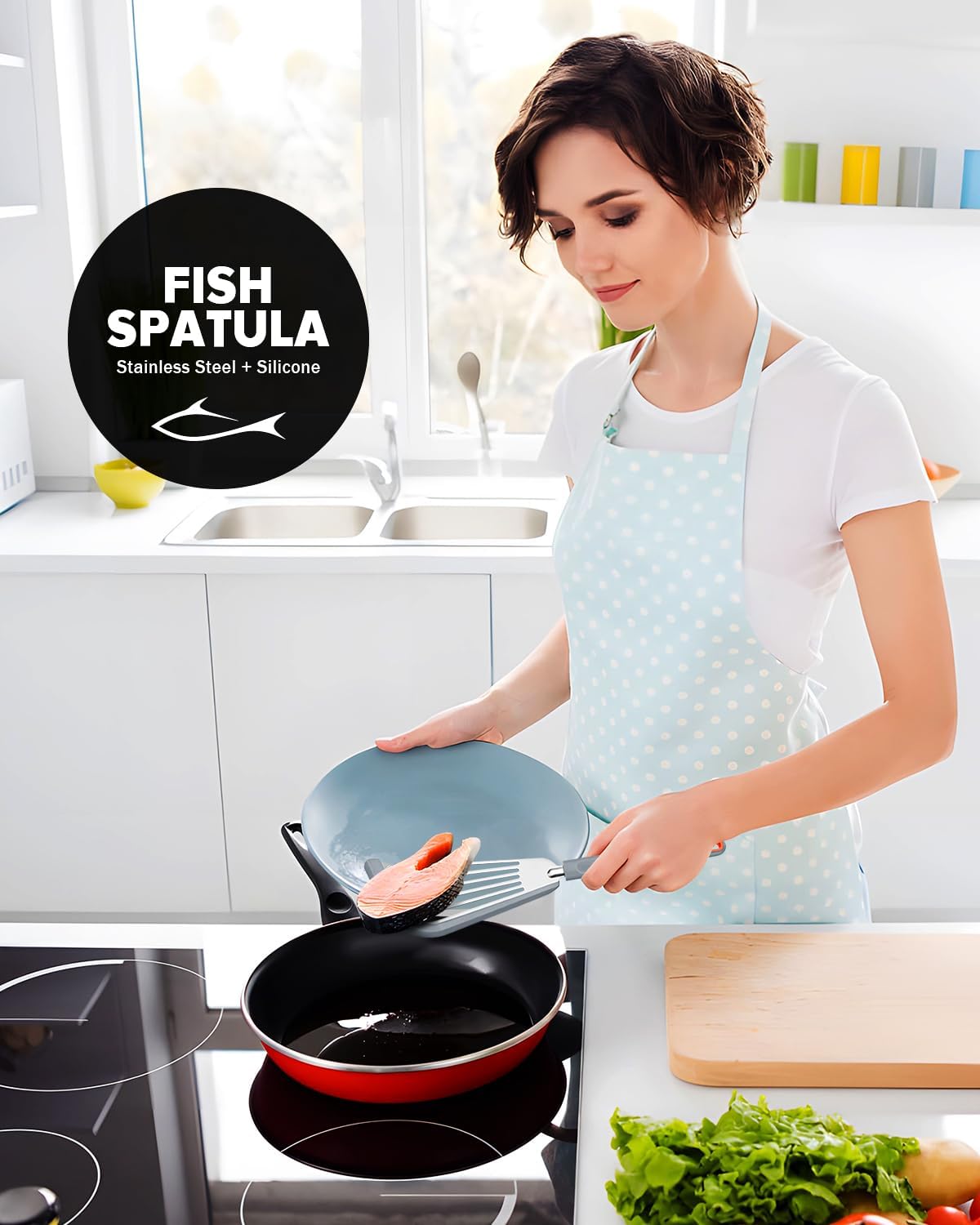 Silicone Fish Spatula Turner Set of 2, Thin Slotted Spatulas Turner for Nonstick Cookware,Heat Resistant Flexible Stainless Steel Kitchen Cooking Spatula Flipper for Fish, Egg, Pancake (KG)