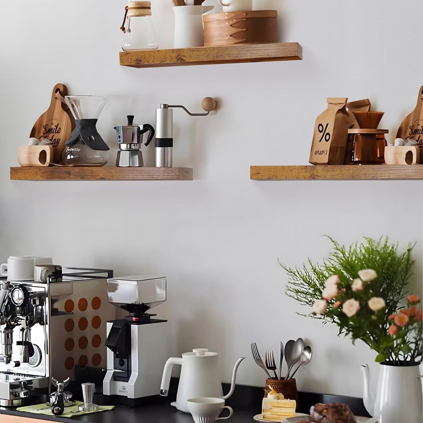 Colima 3-Pack Contemporary Wood Floating Shelves, 24 Inch, Wall-Mounted, 1.3 Inch Thick, 50 lb Capacity Each, Set of 3