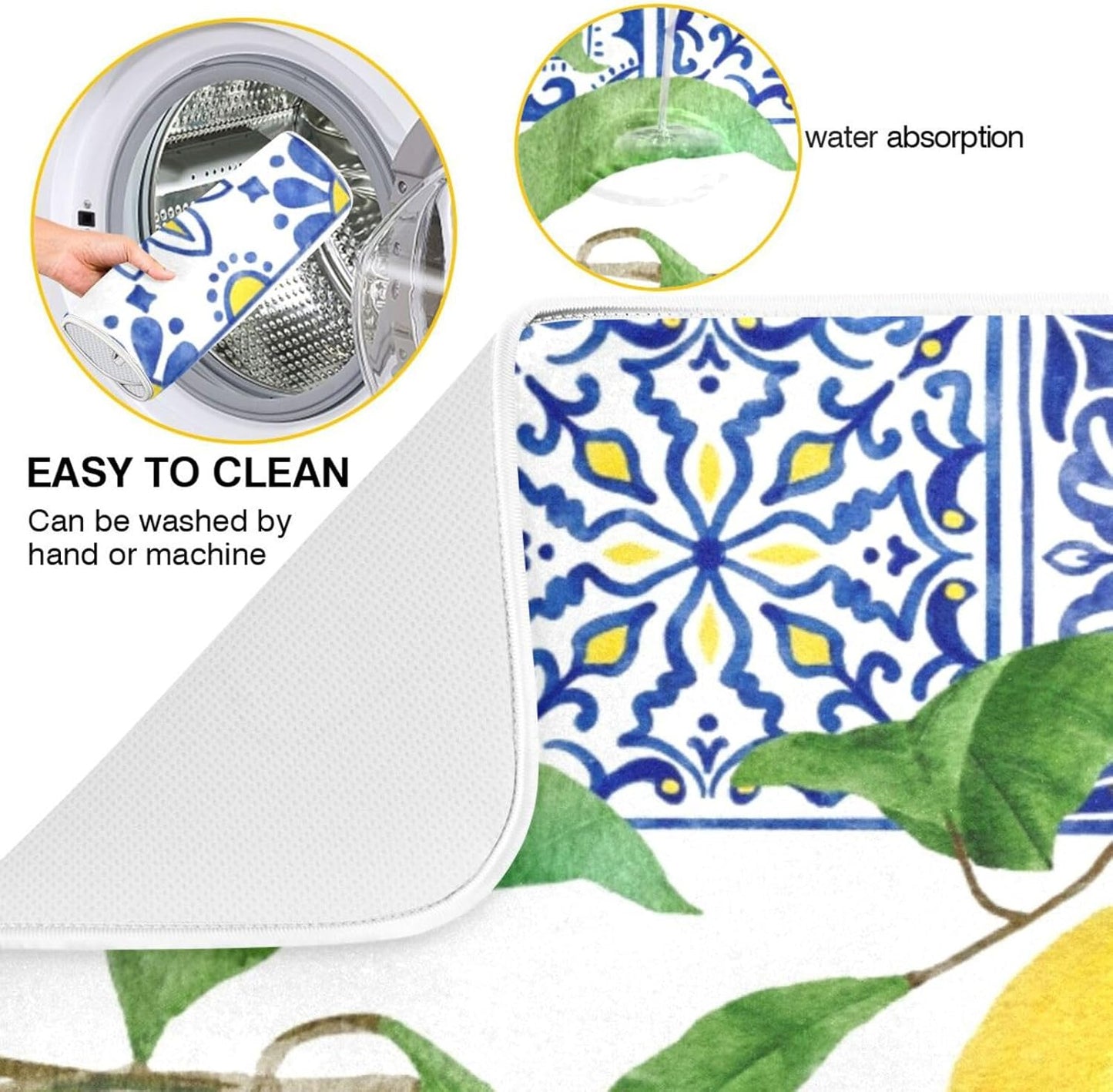 Lemon Blue Tiles Dish Drying Mat for Kitchen Counter Absorbent Microfiber Drying Pad, Large 18x24 in, Reversible Drainer Mats