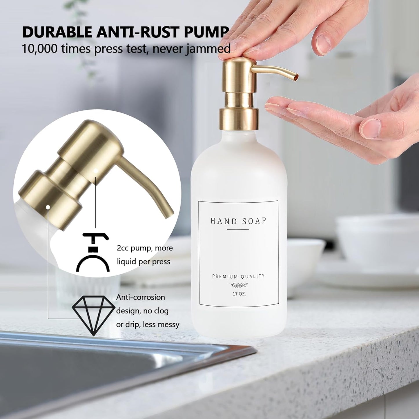 Thick Glass Soap Dispenser - Kitchen Dish Hand Soap Dispenser Set,Rustproof Pump Soap Lotion Dispenser Bathroom with Tray,14 Stickers for Kitchen Decor White Bottle/Gold Pump