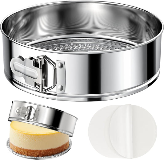 9 Inch 304 Stainless Steel Springform Pan with Removable Bottom, Nonstick Round Spring Form Cheesecake Pan with 30 Pcs Parchment Paper Liners