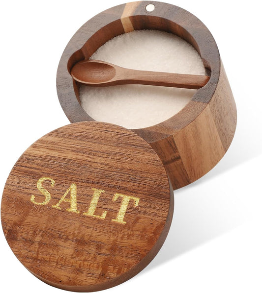 Salt Cellar, Acacia Wood Salt Container with Built-in Spoon & Swivel Lid, Engraved SALT Box, Salt Holder Bowl for Countertop Seasoning Storage
