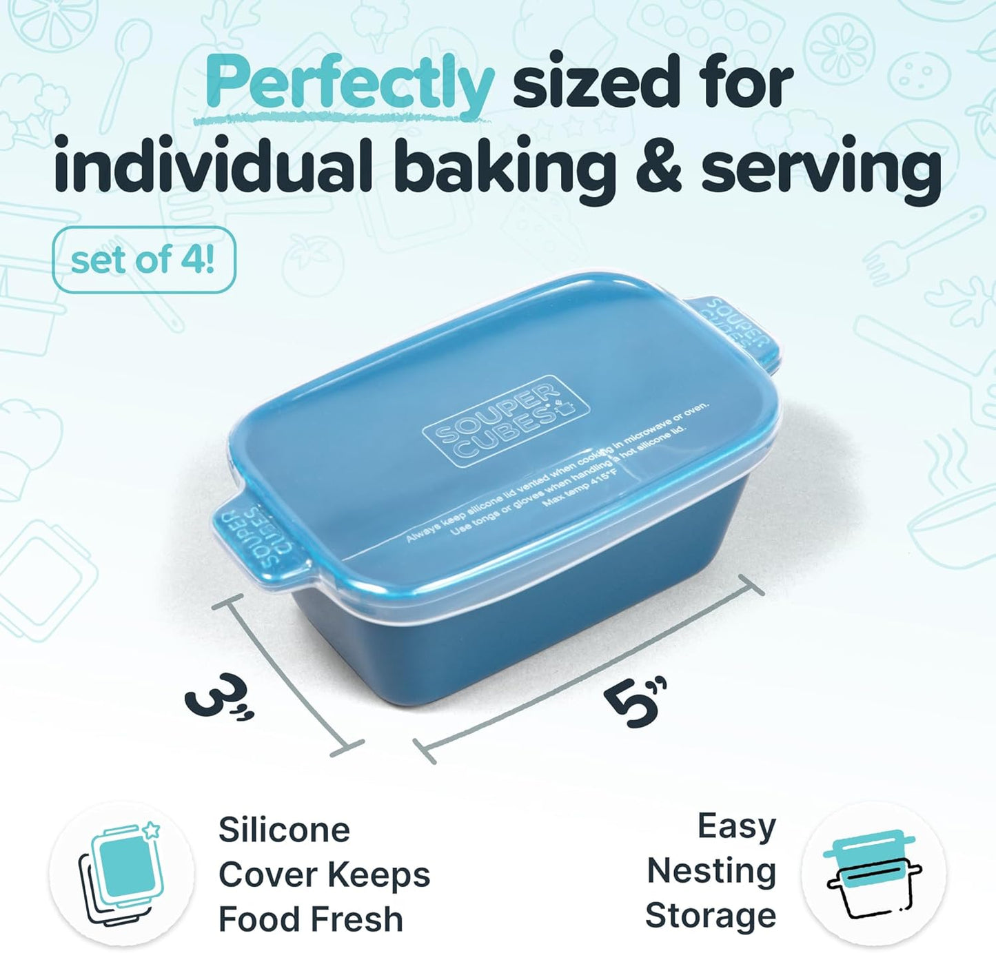 Souper Cubes Stoneware - Small Ceramic 5" x 3" Baking Dish with Silicone Covers, Small Baking Dishes for Oven Perfect for Reheating Single Serve Portions, Set of 4 - Blueberry