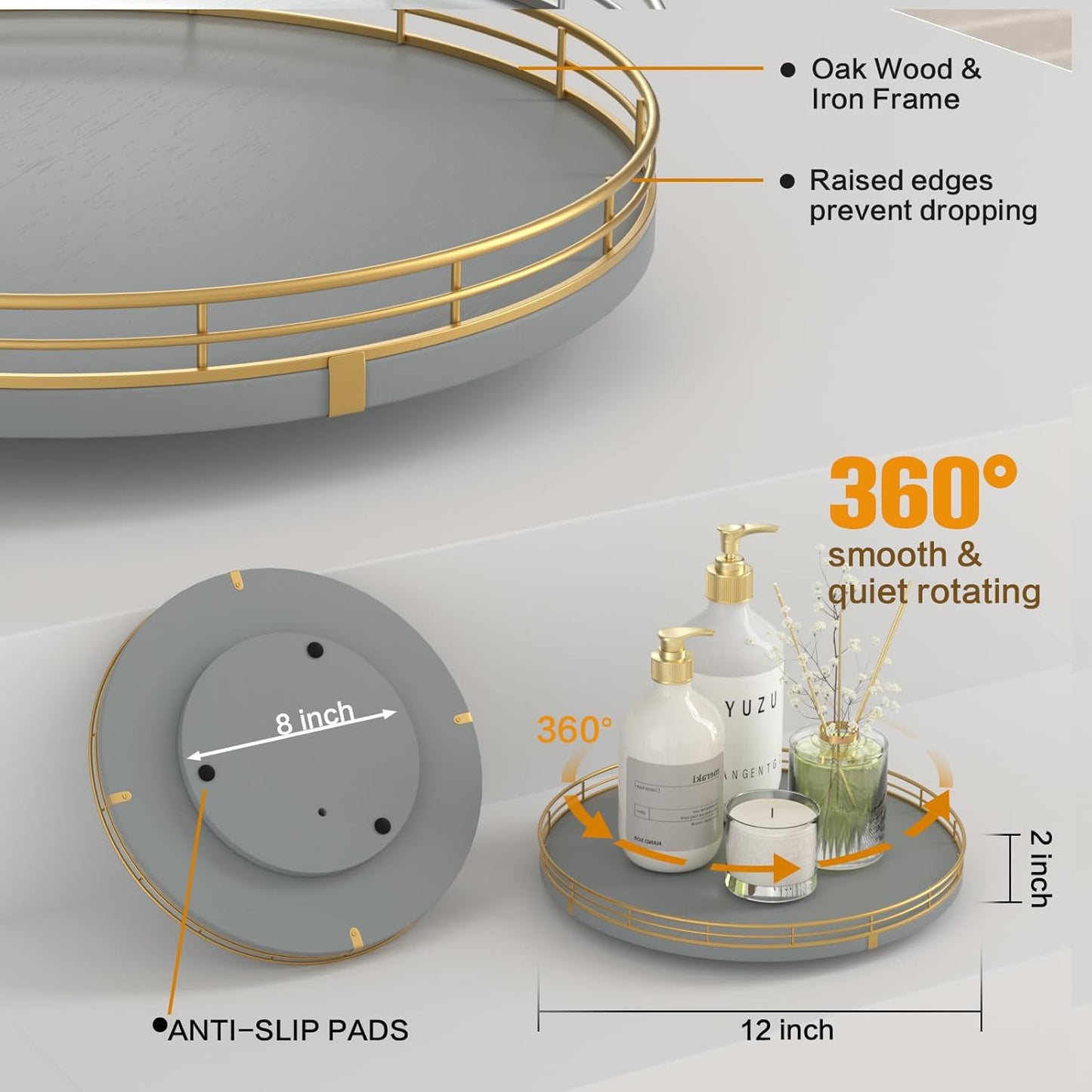 12" Wooden Lazy Susan Turntable for Cabinet – Roud Rotating Spice Rack Organizer, Gray Kitchen Countertop Tray for Dining Table & Pantry Storage （Gray & Gold）