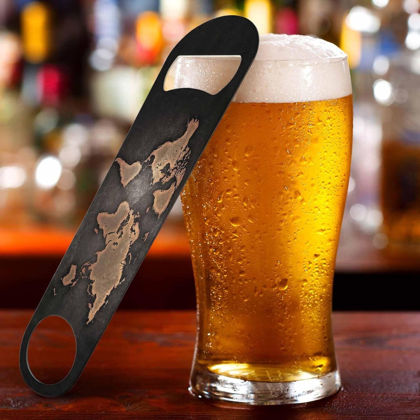 Vintage World Map Stainless Steel Bottle Opener Aged Retro Black Brown Seven Continents Map Flat Beer Bottle Opener Keychain for Home Kitchen Bar Restaurant Party Birthday Gift