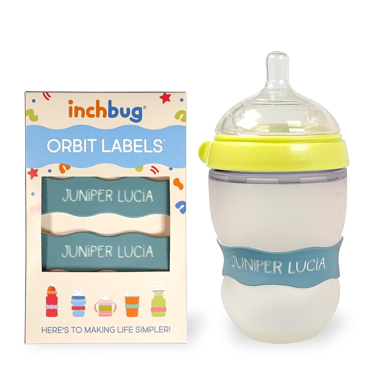 InchBug Orbit Labels - Baby Bottle Name Labels for Daycare, Sippy Cup Bands - Engraved Silicone, Reusable, Dishwasher Safe, White Contrasting Personalization, 4-Pack (Sea Glass)