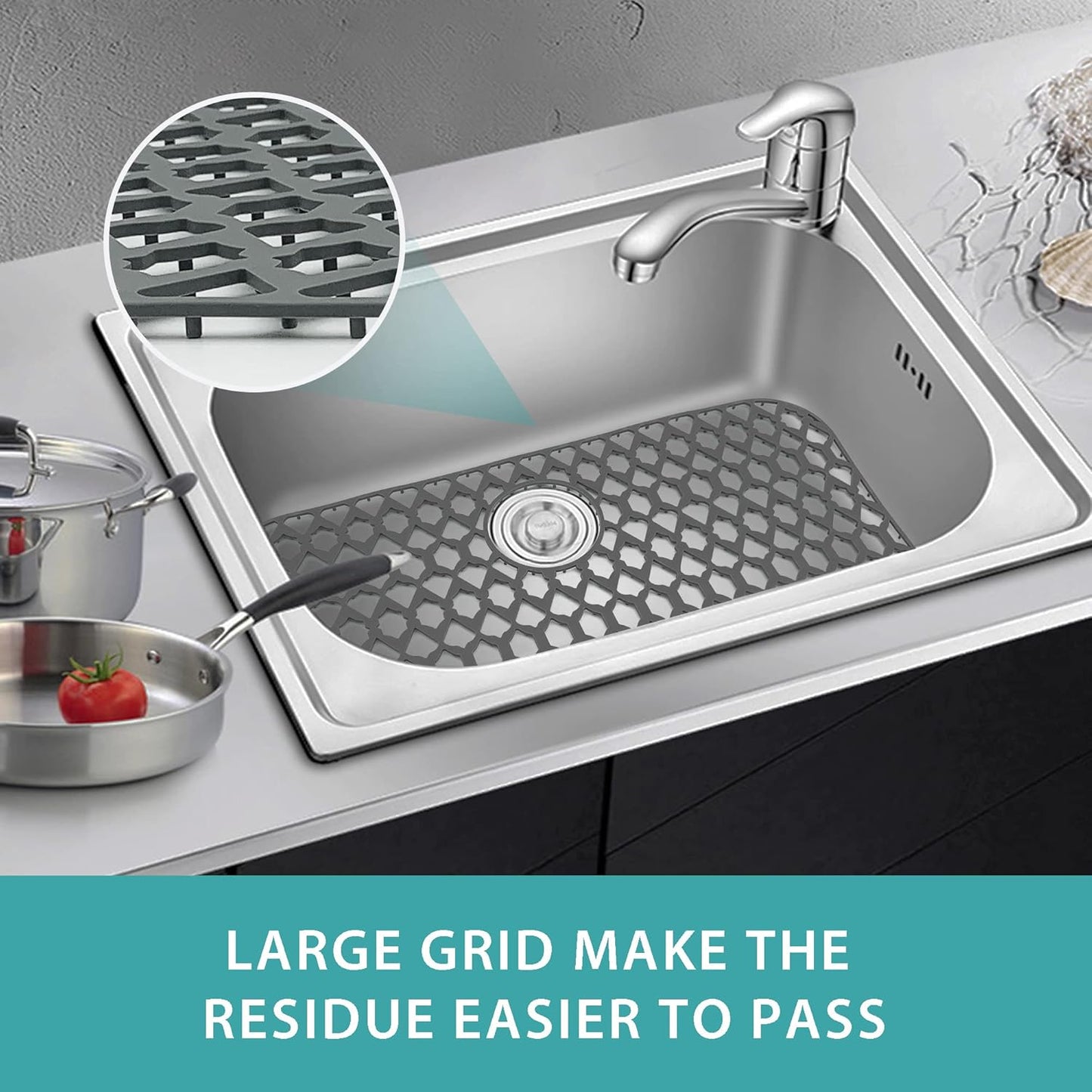 Sink Protectors for Kitchen Sink 13x11 &16x12 &19x14 &21x16 &22x13 &24x13 &26x14 &28x14 &30x16, Large Silicone Sink Mats Grid for Bottom of Farmhouse Sink (28”x14.4”, Rear Drain)