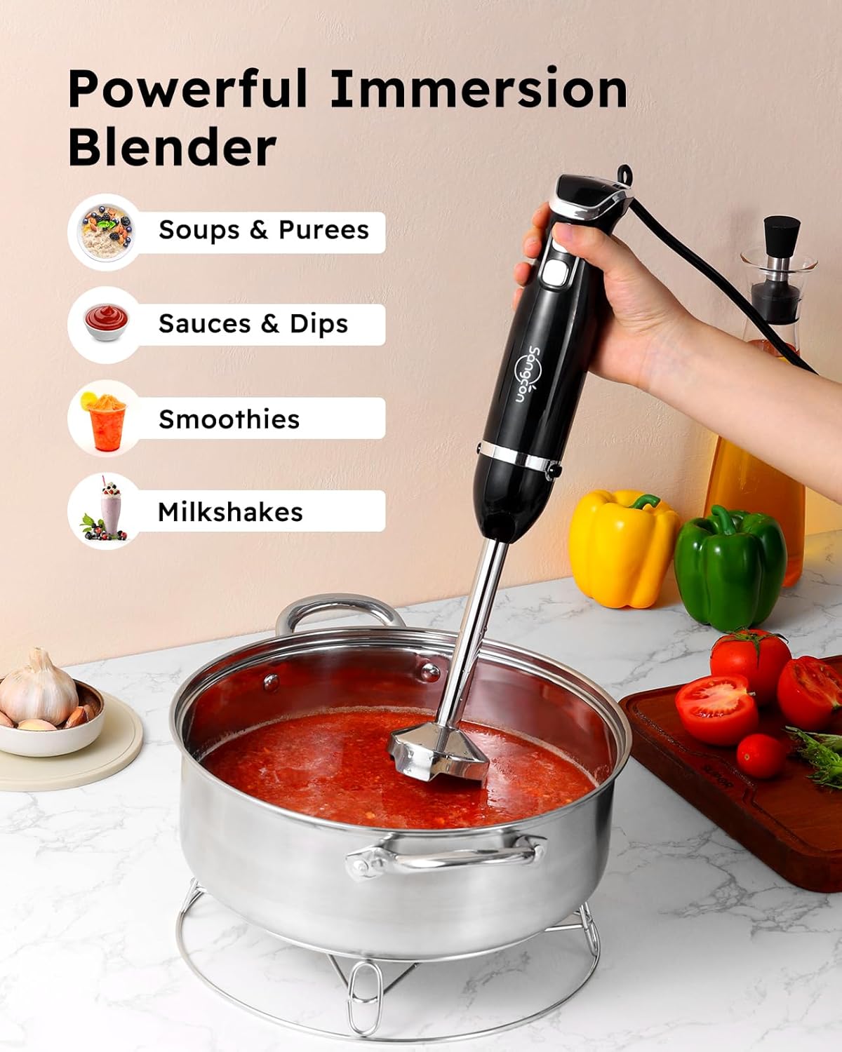 Sangcon 5-in-1 Immersion Blender Handheld, Hand Blender with 1000ml Blending Cup Storage Base, 2-Speed Adjustable Stick Blender, 304 Stainless Steel Blades, Detachable Blender, Whisk, Milk Frother