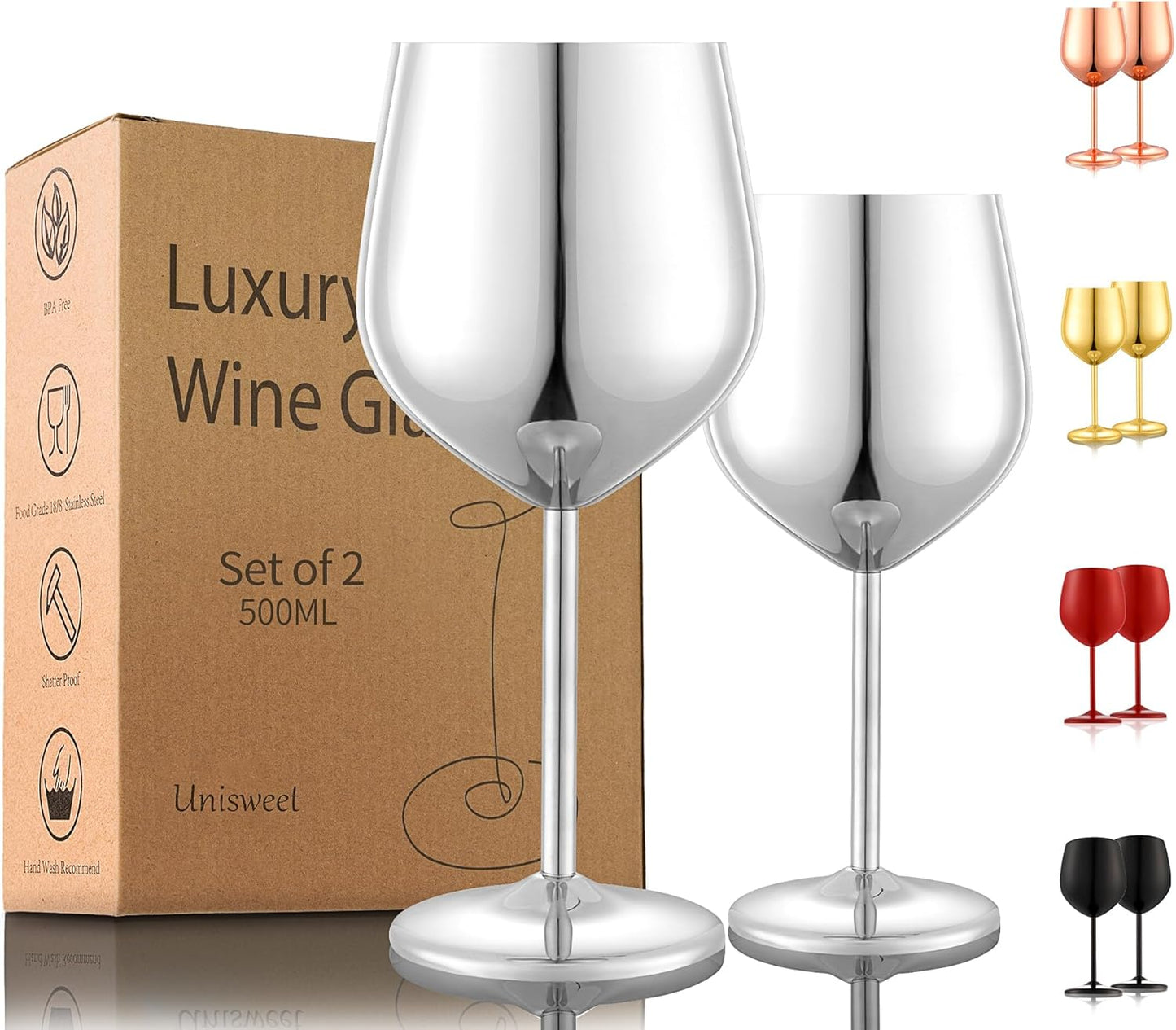 Stainless Steel Wine Glasses Set of 2, 18 oz Unbreakable Silver Wine Glass Unique Metal Wine Goblets for Outdoor Capming and Pool Gift for Wine Lovers
