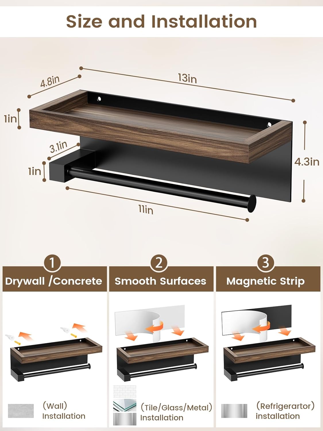 3-in-1 Paper Towel Holder Magnetic Adhesive Wall Mount - Paper Roll Holder with Shelf Under Cabinet, Kitchen Essentials for New Home Apartment Decor, RV Camper Organization Must Haves, Rustic